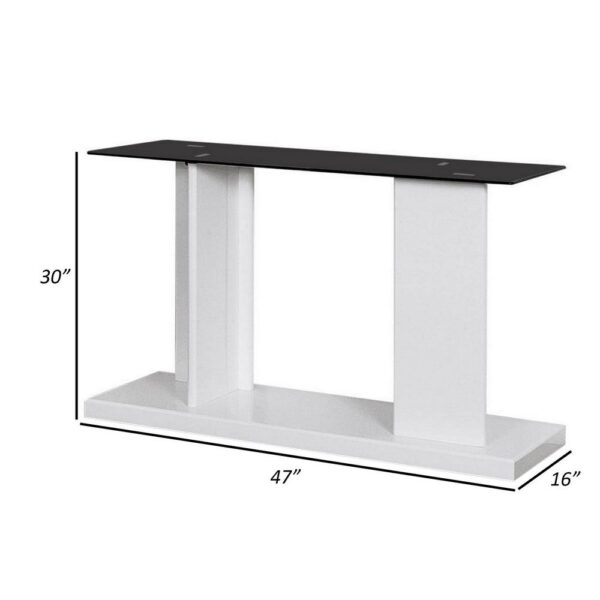 Liam 47 Inch Sofa Console Table, White Wood, Pedestal Base, Black Glass Top
