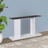 Liam 47 Inch Sofa Console Table, White Wood, Pedestal Base, Black Glass Top