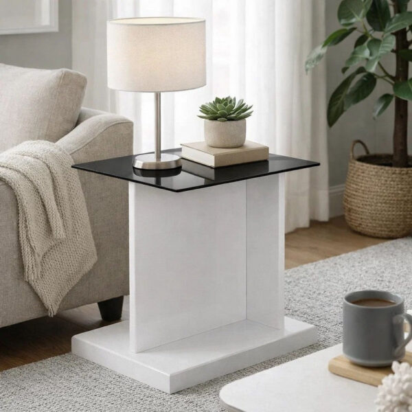 13022026698f10599f56b.jpeg Liam 22 Inch Square Side End Table, White Wood, Pedestal Base, Glass Top