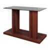 Liam 47 Inch Sofa Console Table, Brown Wood, Pedestal Base, Black Glass Top