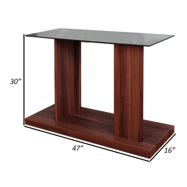 Liam 47 Inch Sofa Console Table, Brown Wood, Pedestal Base, Black Glass Top