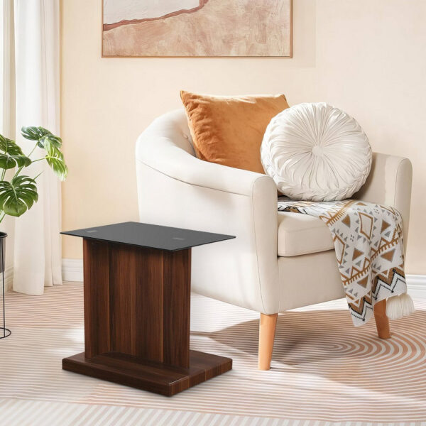 Liam 22 Inch Square Side End Table, Brown Wood, Pedestal Base, Glass Top