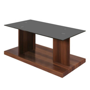 Liam 47 Inch Rectangular Coffee Table, Brown Wood, Pedestal Base, Glass Top