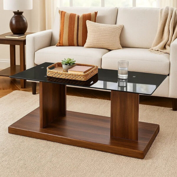 13022026698f109158288.jpeg Liam 47 Inch Rectangular Coffee Table, Brown Wood, Pedestal Base, Glass Top