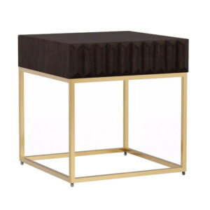 Bran 23 Inch Square Side End Table, Brown Wood, Gold Steel Base, 1 Drawer