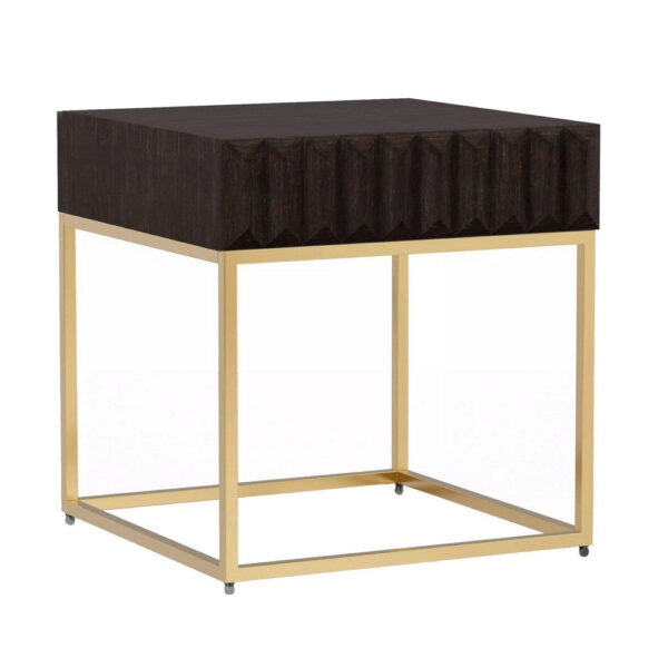 13022026698f10ae0a97c.jpeg Bran 23 Inch Square Side End Table, Brown Wood, Gold Steel Base, 1 Drawer