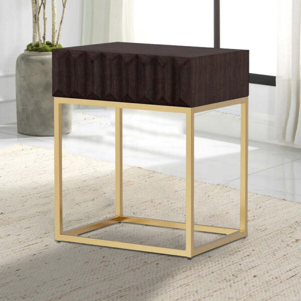 13022026698f10ba693c0.jpeg Bran 23 Inch Square Side End Table, Brown Wood, Gold Steel Base, 1 Drawer