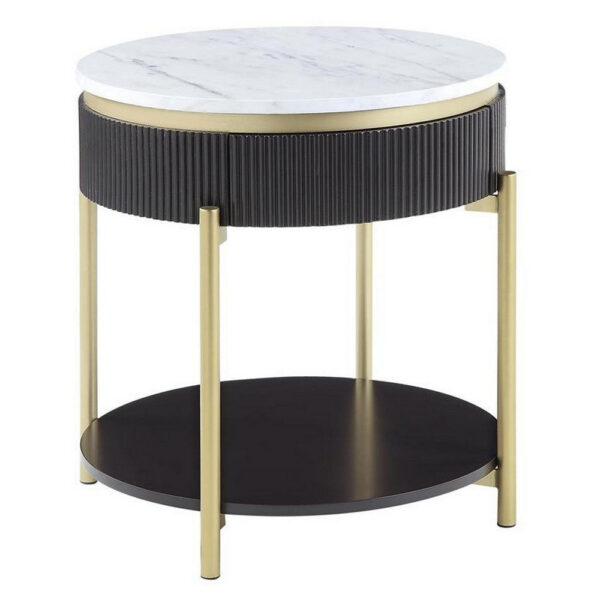 13022026698f10d3a9dca.jpeg Ville 23 Inch Round Side End Table, White Faux Marble Top Brown Reeded Edge