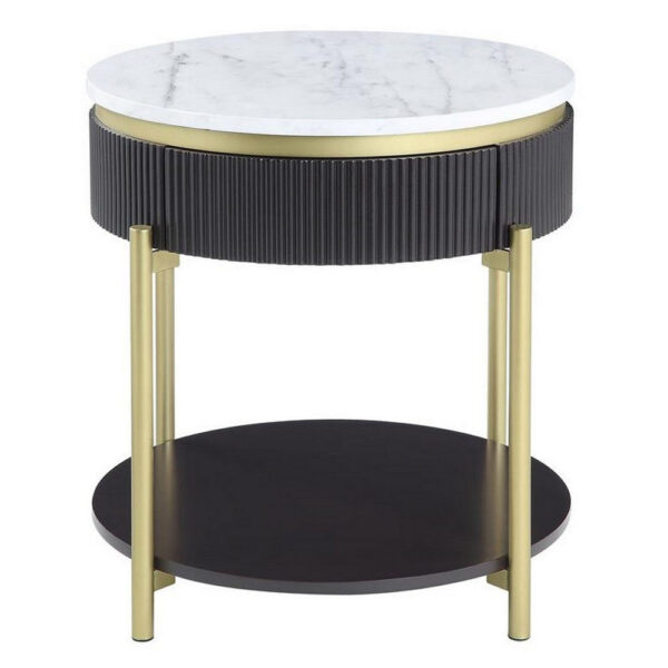 13022026698f10d5d4151.jpeg Ville 23 Inch Round Side End Table, White Faux Marble Top Brown Reeded Edge