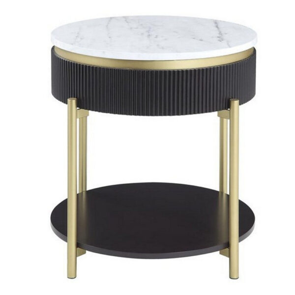 13022026698f10d91b236.jpeg Ville 23 Inch Round Side End Table, White Faux Marble Top Brown Reeded Edge