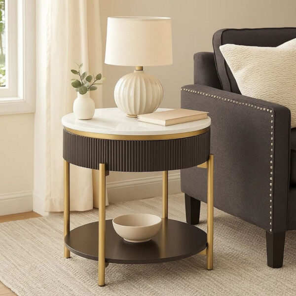 13022026698f10e075917.jpeg Ville 23 Inch Round Side End Table, White Faux Marble Top Brown Reeded Edge