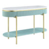 Ville 48 Inch Sofa Console Table, White Faux Marble Top, Teal Reeded Edge