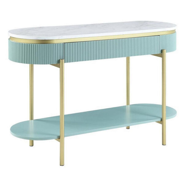 Ville 48 Inch Sofa Console Table, White Faux Marble Top, Teal Reeded Edge