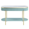 Ville 48 Inch Sofa Console Table, White Faux Marble Top, Teal Reeded Edge