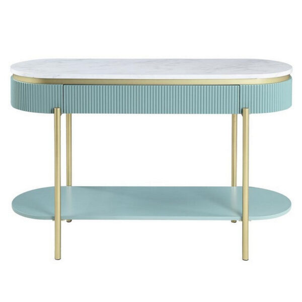 Ville 48 Inch Sofa Console Table, White Faux Marble Top, Teal Reeded Edge