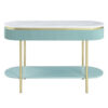 Ville 48 Inch Sofa Console Table, White Faux Marble Top, Teal Reeded Edge