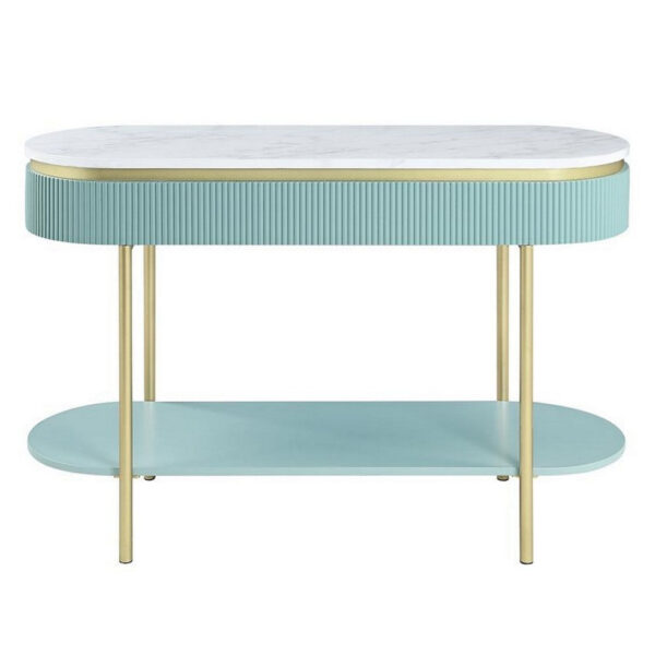 Ville 48 Inch Sofa Console Table, White Faux Marble Top, Teal Reeded Edge