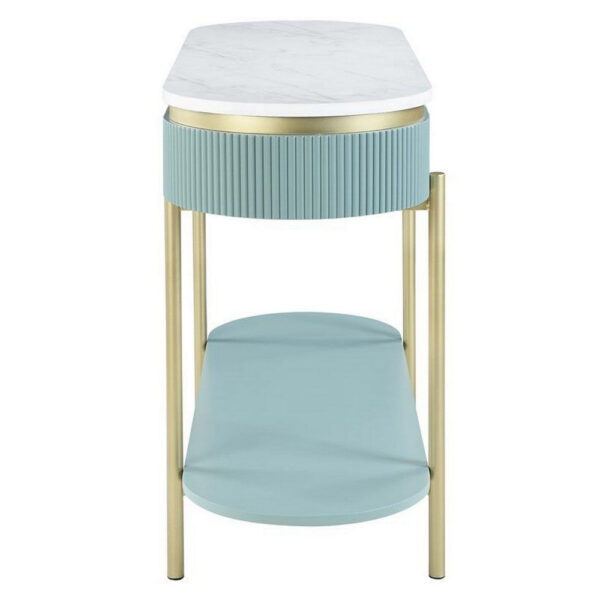 Ville 48 Inch Sofa Console Table, White Faux Marble Top, Teal Reeded Edge