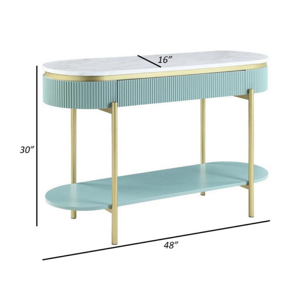 Ville 48 Inch Sofa Console Table, White Faux Marble Top, Teal Reeded Edge