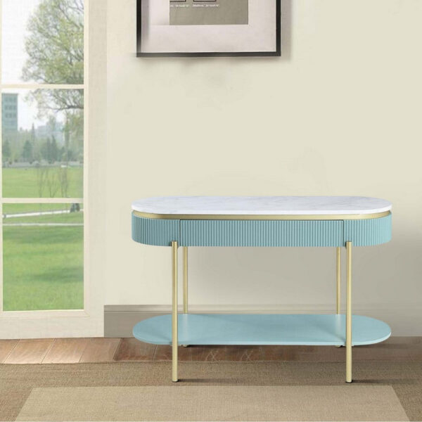 Ville 48 Inch Sofa Console Table, White Faux Marble Top, Teal Reeded Edge