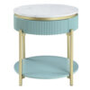 Ville 23 Inch Round Side End Table, White Faux Marble Top, Teal Reeded Edge