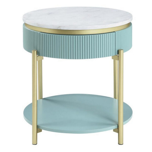 Ville 23 Inch Round Side End Table, White Faux Marble Top, Teal Reeded Edge