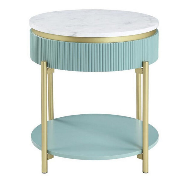 Ville 23 Inch Round Side End Table, White Faux Marble Top, Teal Reeded Edge