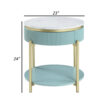 Ville 23 Inch Round Side End Table, White Faux Marble Top, Teal Reeded Edge