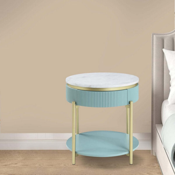 Ville 23 Inch Round Side End Table, White Faux Marble Top, Teal Reeded Edge