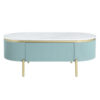 Ville 48 Inch Oblong Coffee Table, White Faux Marble Top, Teal Reeded Edges