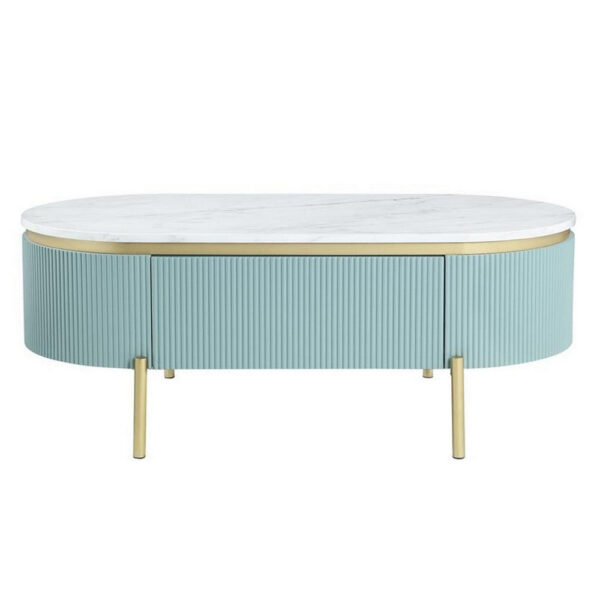 Ville 48 Inch Oblong Coffee Table, White Faux Marble Top, Teal Reeded Edges