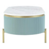 Ville 48 Inch Oblong Coffee Table, White Faux Marble Top, Teal Reeded Edges