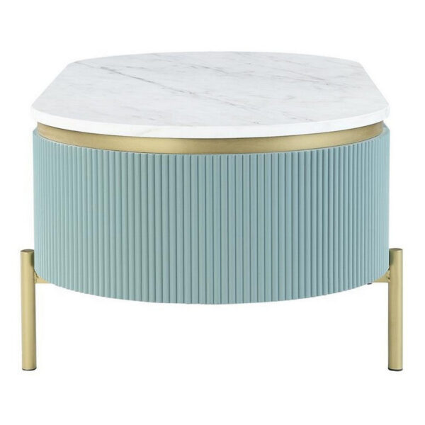 Ville 48 Inch Oblong Coffee Table, White Faux Marble Top, Teal Reeded Edges