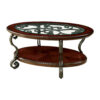 48 Inch Oval Coffee Table, Glass Top, Scrolled Metal Legs, Cherry Brown