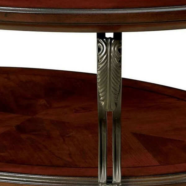 48 Inch Oval Coffee Table, Glass Top, Scrolled Metal Legs, Cherry Brown