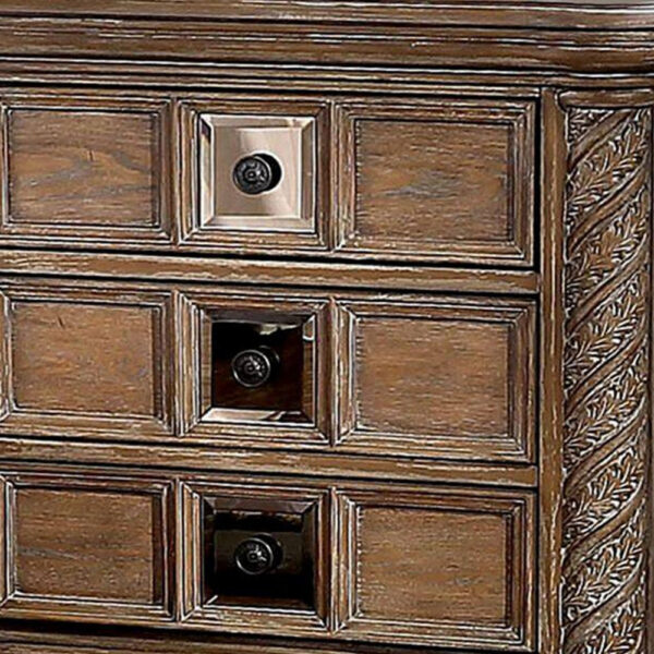 Isac 30 Inch Nightstand, 3 Gliding Drawers, Carved Faux Wood, Rustic Brown