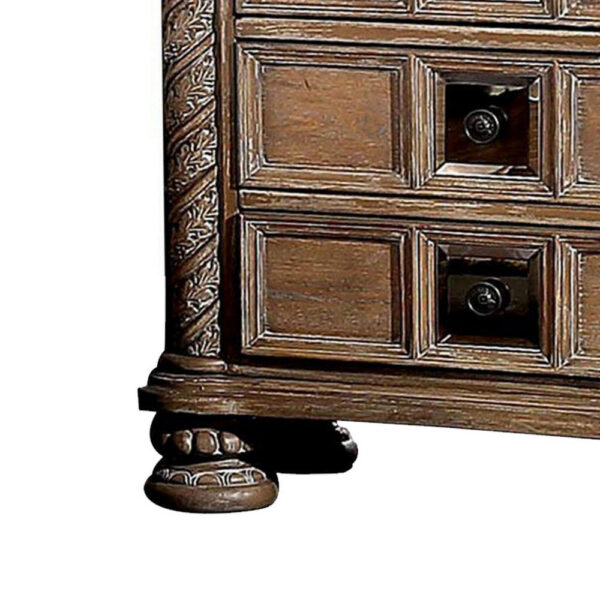 Isac 30 Inch Nightstand, 3 Gliding Drawers, Carved Faux Wood, Rustic Brown