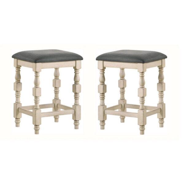 Swan 26 Inch Counter Height Stool, Set of 2, Gray Padded Seat, Turned Legs