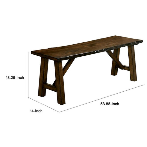 Naef 54 Inch Wood Dining Bench, Walnut Brown, Live Edges, Angled Legs