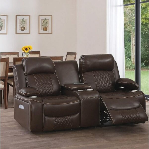 Seda 71 Inch Power Reclining Loveseat, Storage Console, Brown Faux Leather