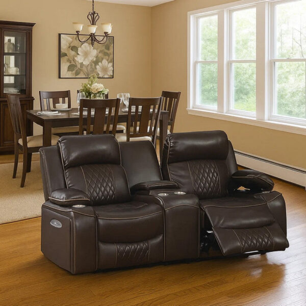 Seda 71 Inch Power Reclining Loveseat, Storage Console, Brown Faux Leather