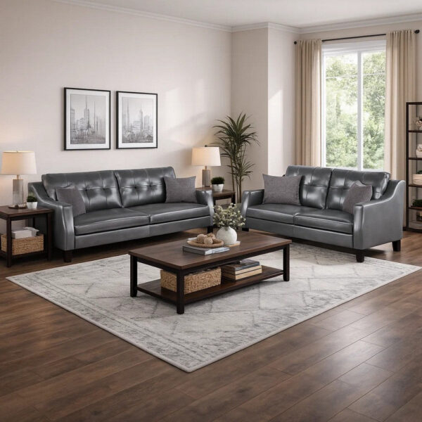 Hera 2 Piece Sofa and Loveseat Set, 4 Pillows, Classic Gray Faux Leather
