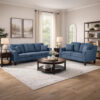 Gaia 2 Piece Sofa and Loveseat Set, 4 Throw Pillows, Cushioned Navy Blue