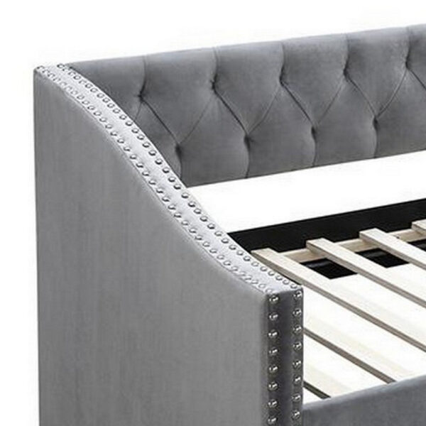 Ann Modern Wood Day Bed with Trundle, Straight Tufted Back, Gray Burlap