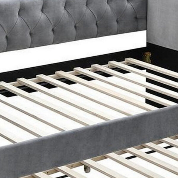 Ann Modern Wood Day Bed with Trundle, Straight Tufted Back, Gray Burlap