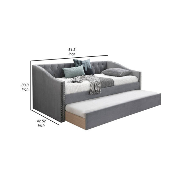 Ann Modern Wood Day Bed with Trundle, Straight Tufted Back, Gray Burlap