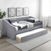 Ann Modern Wood Day Bed with Trundle, Straight Tufted Back, Gray Burlap