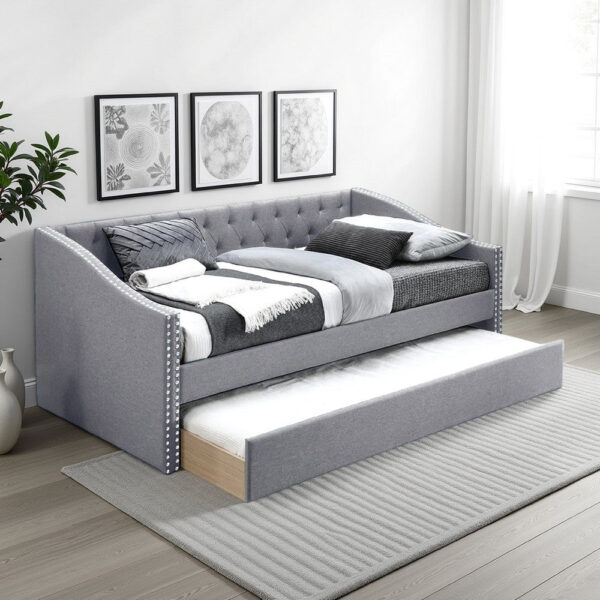 Ann Modern Wood Day Bed with Trundle, Straight Tufted Back, Gray Burlap