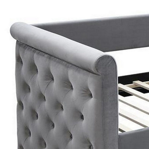 Edra Classic Wood Upholstered Day Bed with Trundle, Tufted Gray Burlap