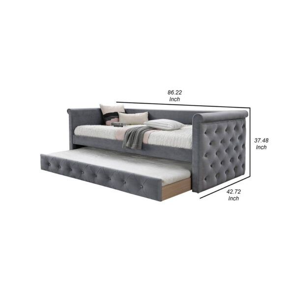 Edra Classic Wood Upholstered Day Bed with Trundle, Tufted Gray Burlap